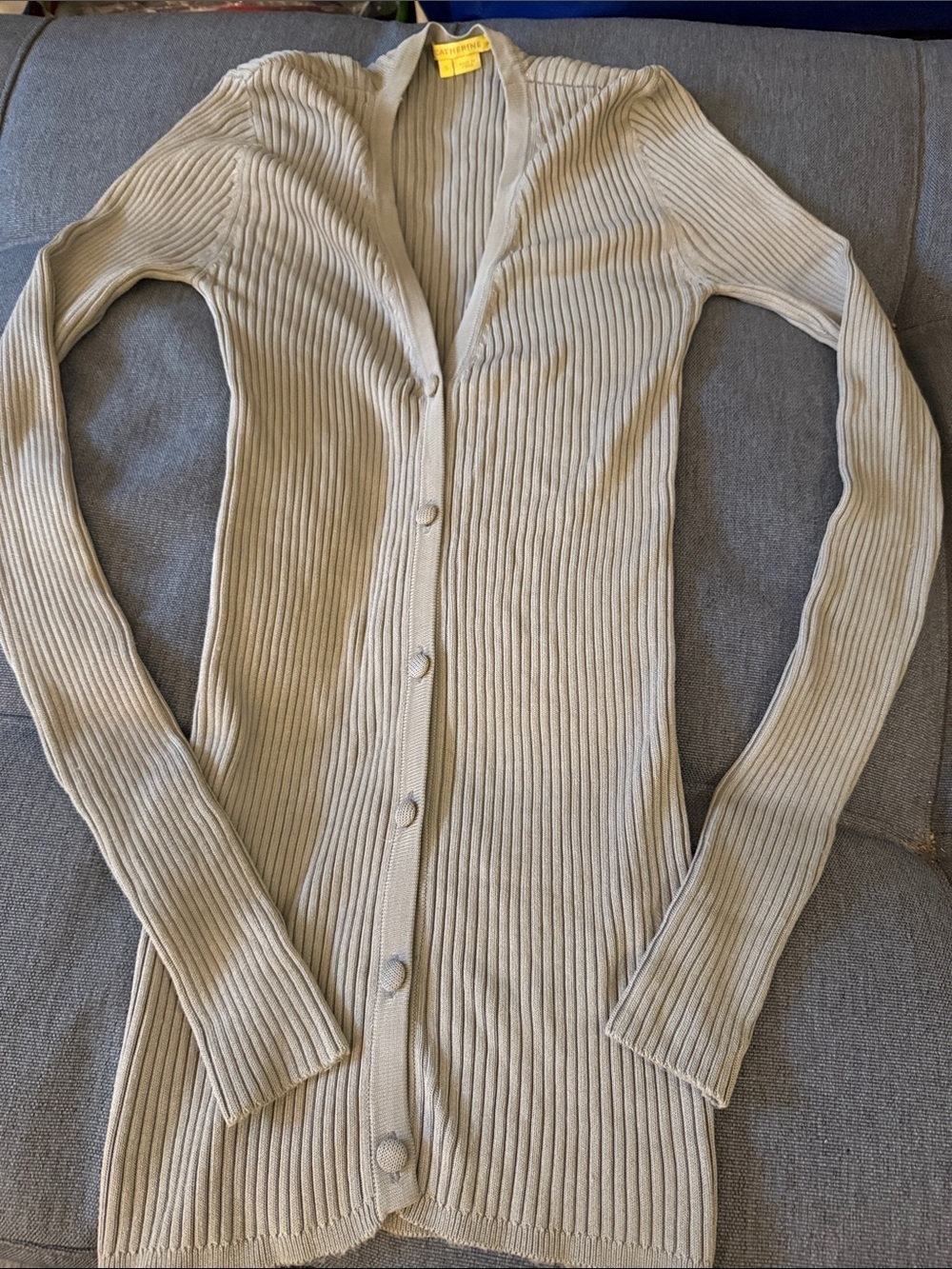 Catherine Ribbed Gray Long Cardigan with V Neckline. Size small.